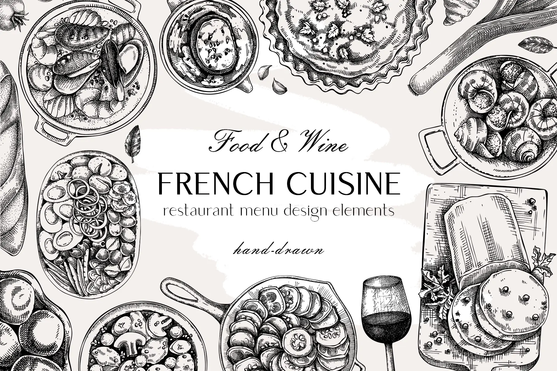 French Cuisine Restaurant Menu Design Elements. Vector Food & Drinks Sketches Illustration